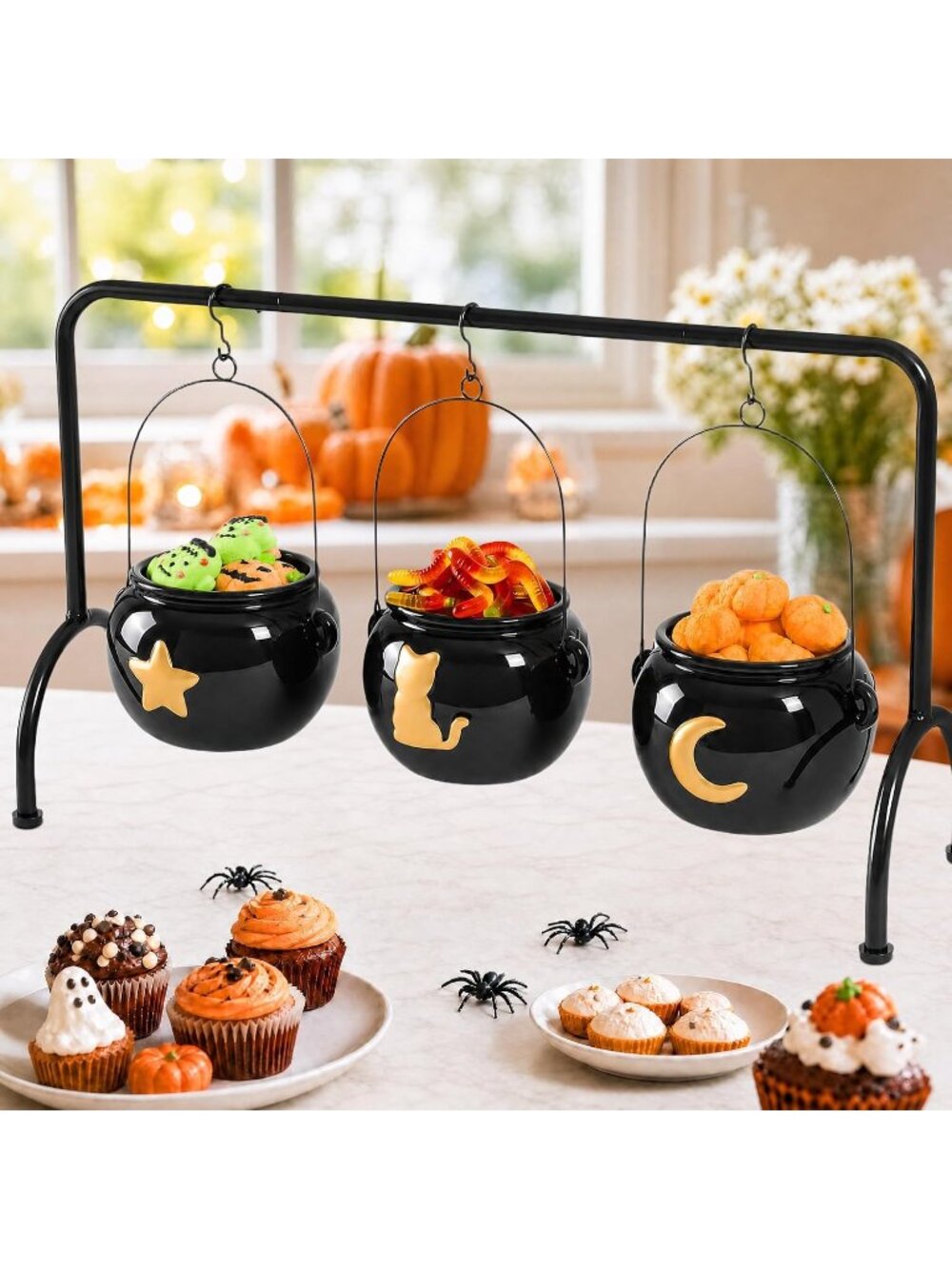 New 3PCS Halloween Ceramic Witch Cauldron Candy Bowls with Rack Black Table Deco